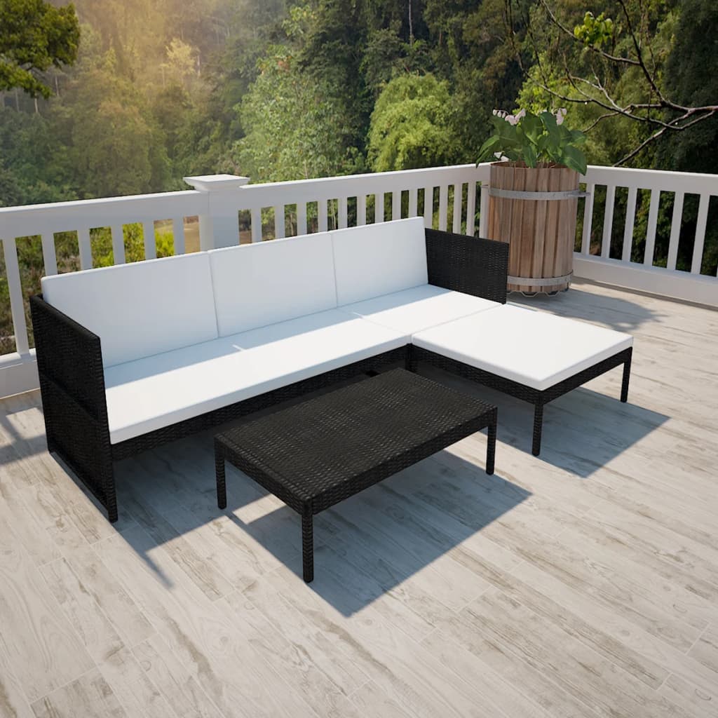 3-delige Loungeset met kussens poly rattan zwart