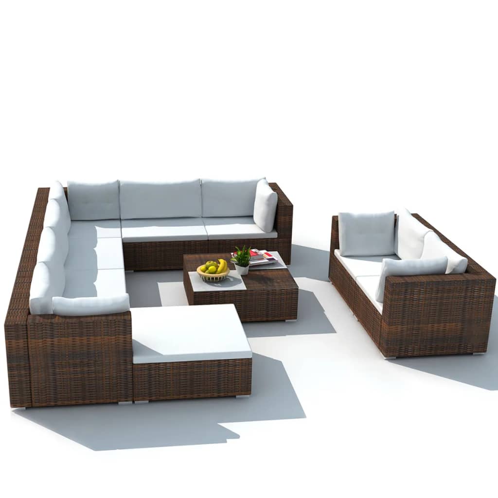 10-delige Loungeset met kussens poly rattan