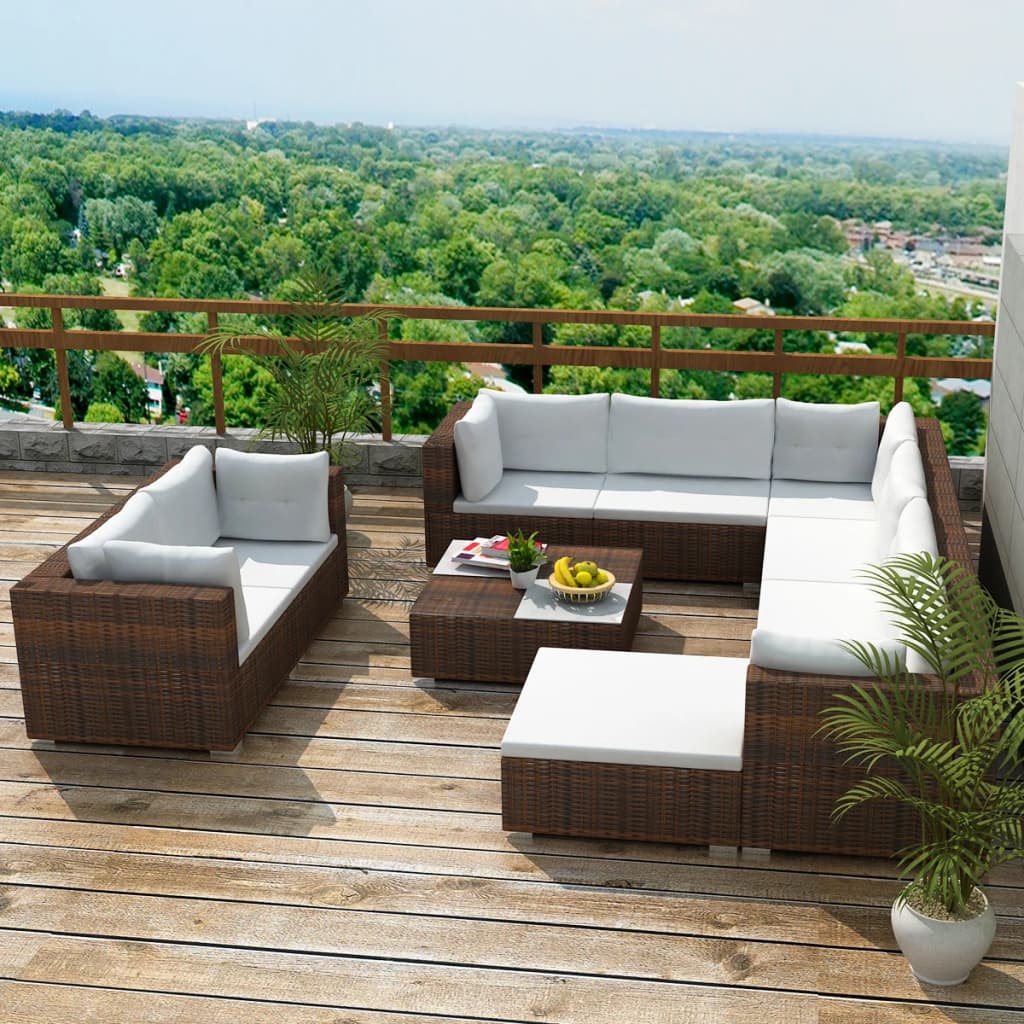 10-delige Loungeset met kussens poly rattan