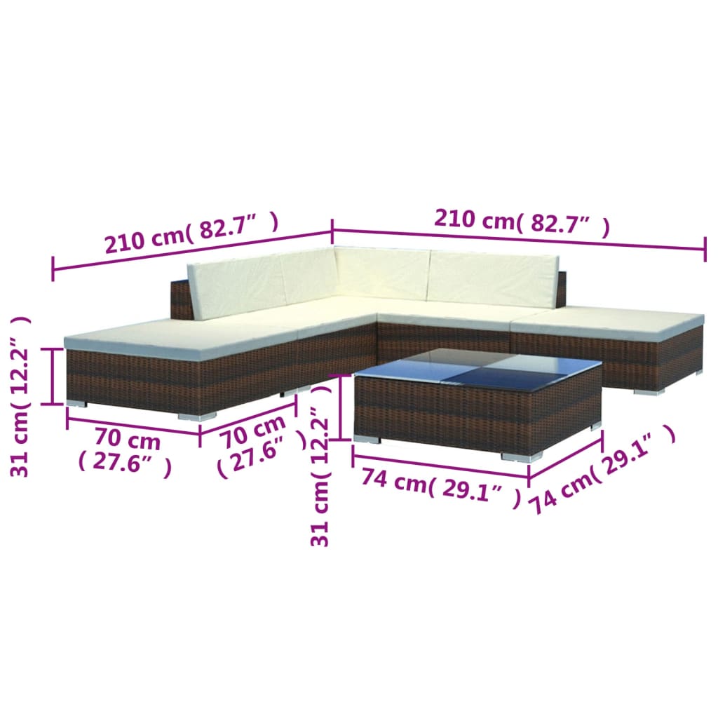 6-delige Loungeset met kussens poly rattan