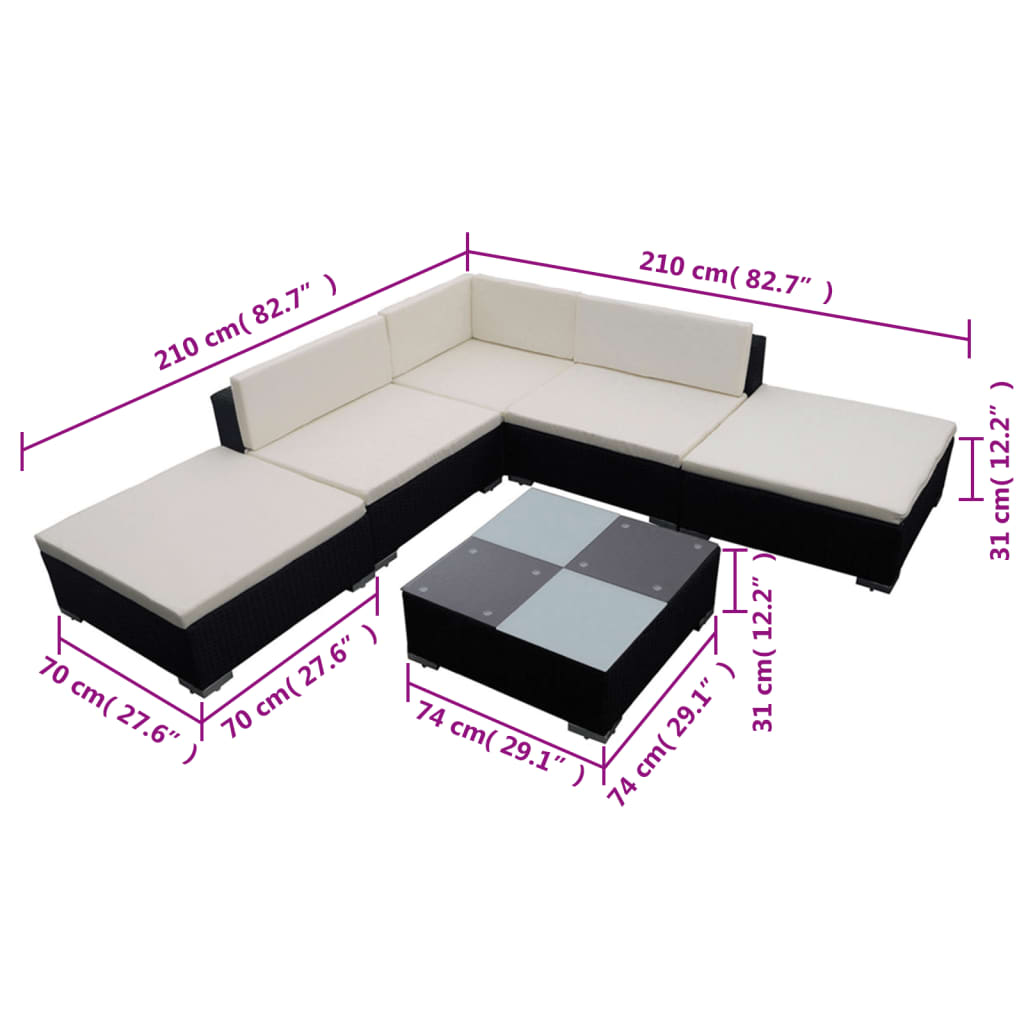 6-delige Loungeset met kussens poly rattan