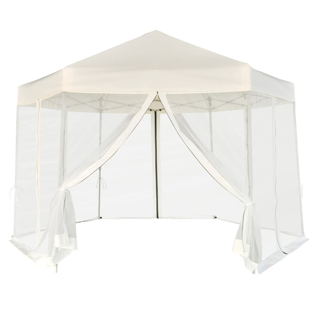 Partytent pop-up zeshoekig met 6 zijwanden 3,6x3,1 m crèmewit