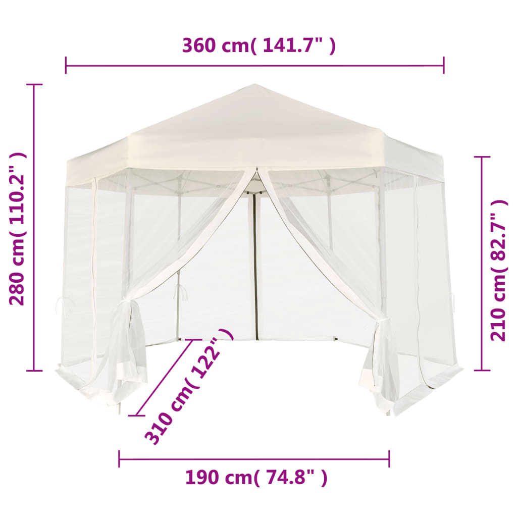 Partytent pop-up zeshoekig met 6 zijwanden 3,6x3,1 m crèmewit