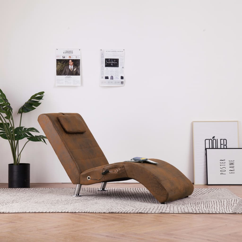 Massage chaise longue met kussen kunstsuède bruin