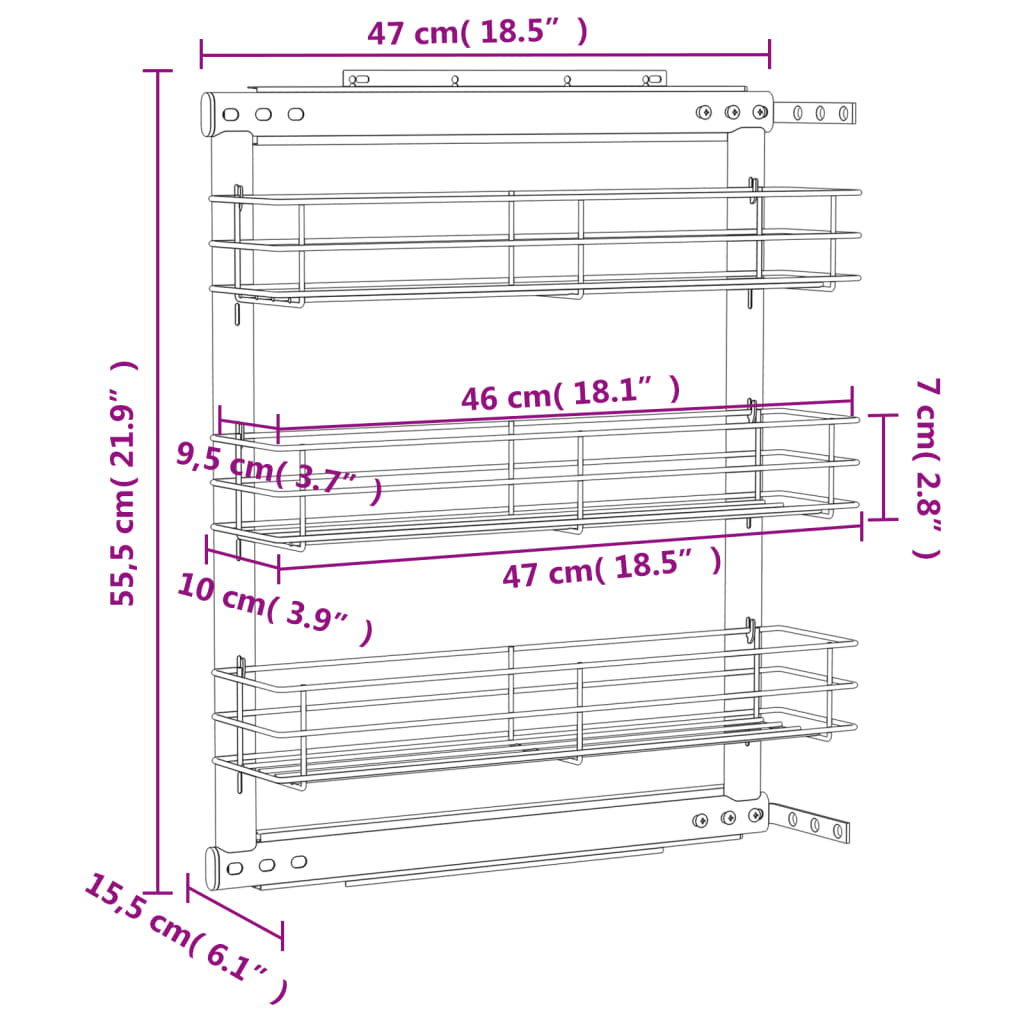 Draadmand keuken uittrekbaar 3-laags 47x25x56 cm zilverkleurig