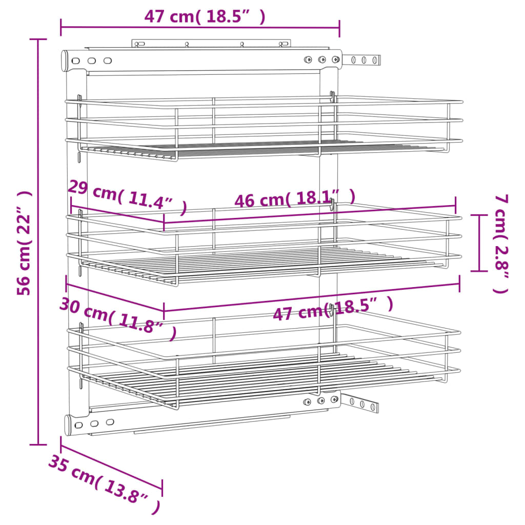 Draadmand uittrekbaar 3-laags 47x15,5x55,5 cm zilverkleurig