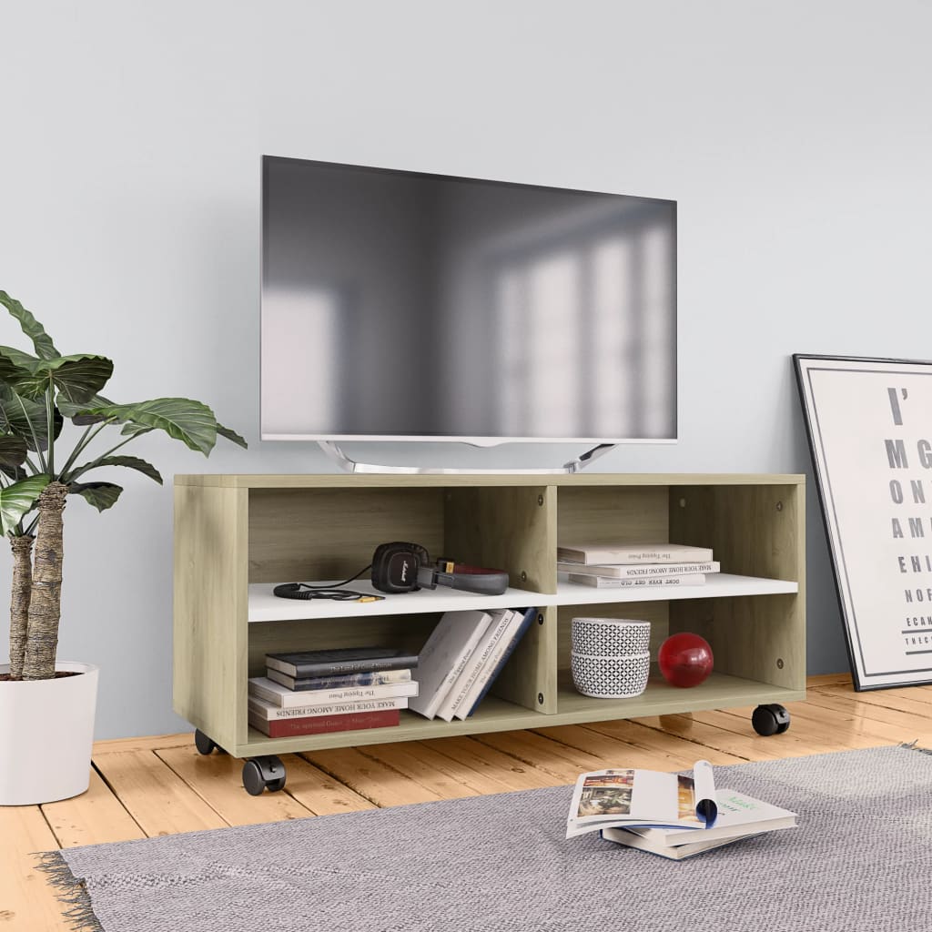 Tv-meubel met wieltjes 90x35x35 cm bewerkt hout