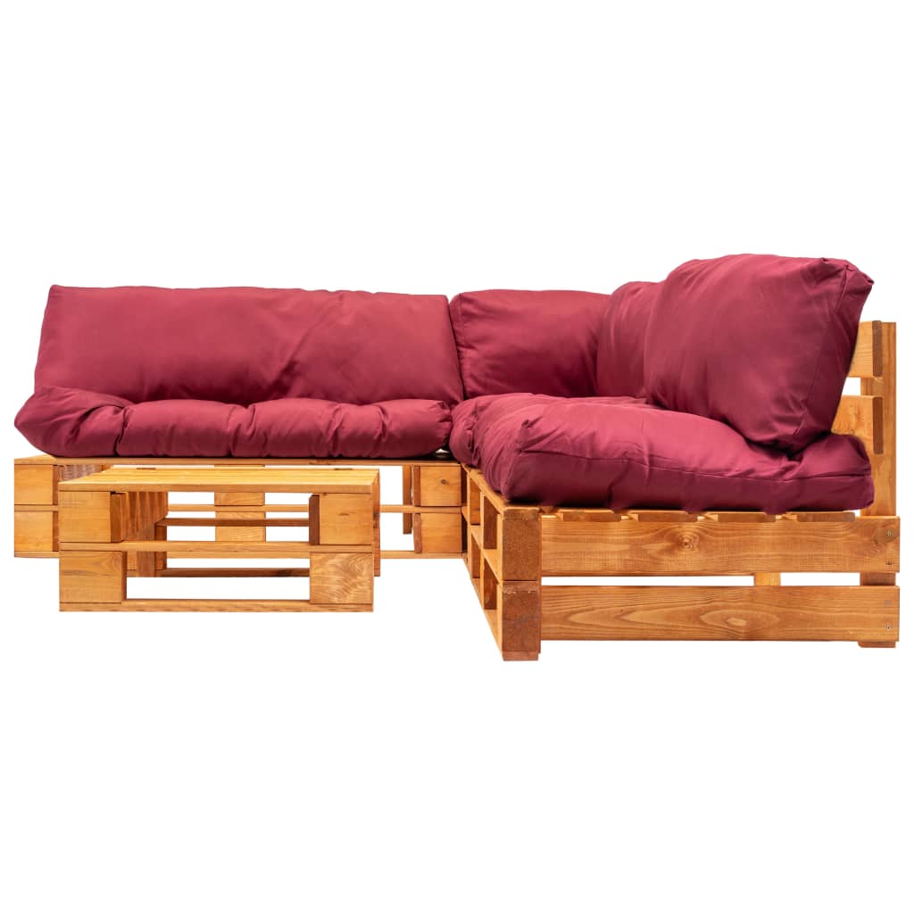 4-delige Loungeset pallet met rode kussens hout