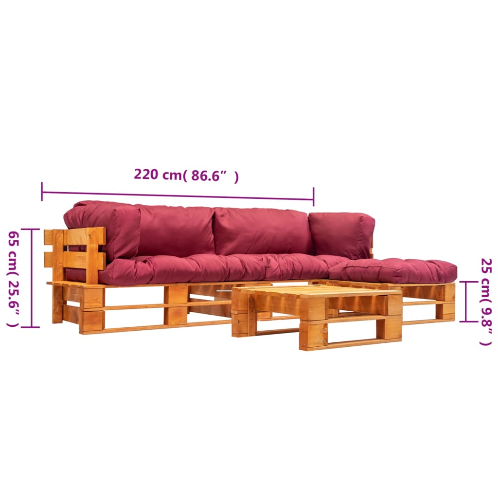 4-delige Loungeset pallet met rode kussens hout