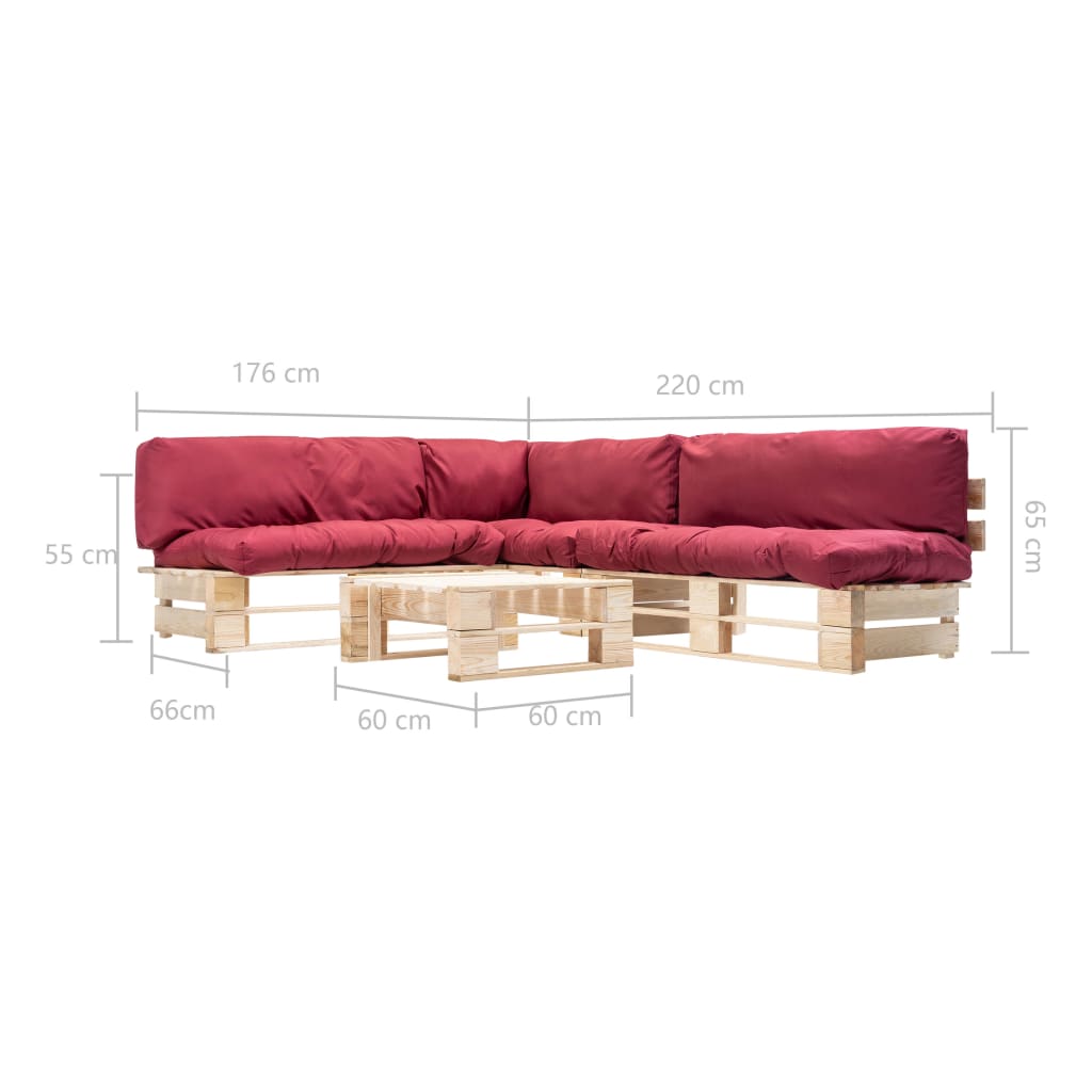 4-delige Loungeset pallet met rode kussens hout