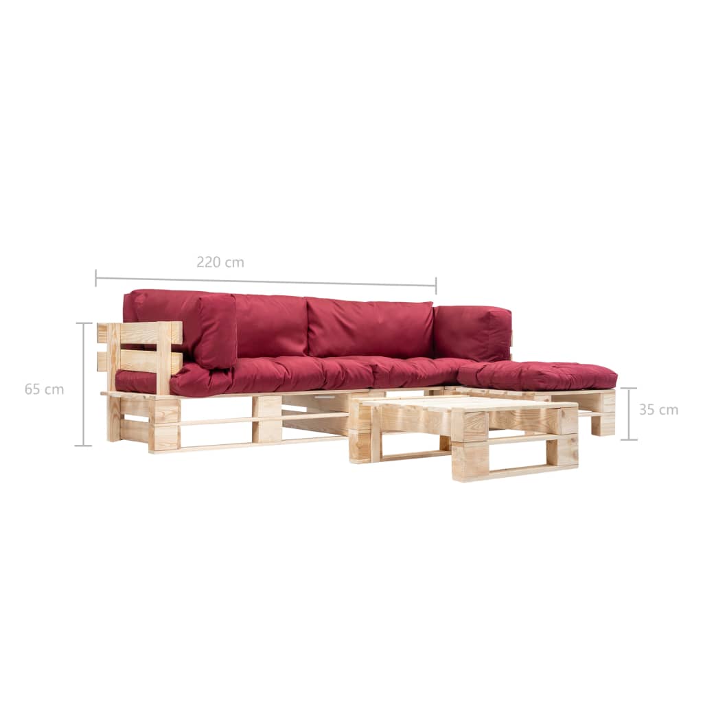 4-delige Loungeset pallet met rode kussens hout