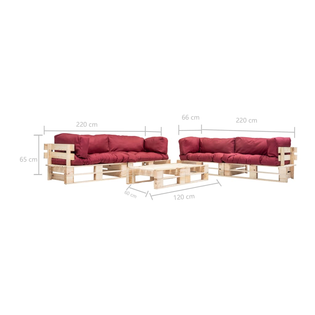 6-delige Loungeset pallet met rode kussens hout