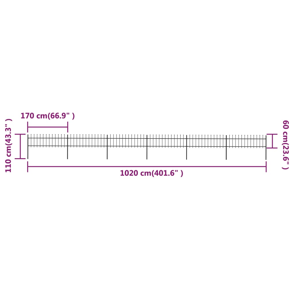 Tuinhek met speren bovenkant 5,1x0,6 m staal zwart