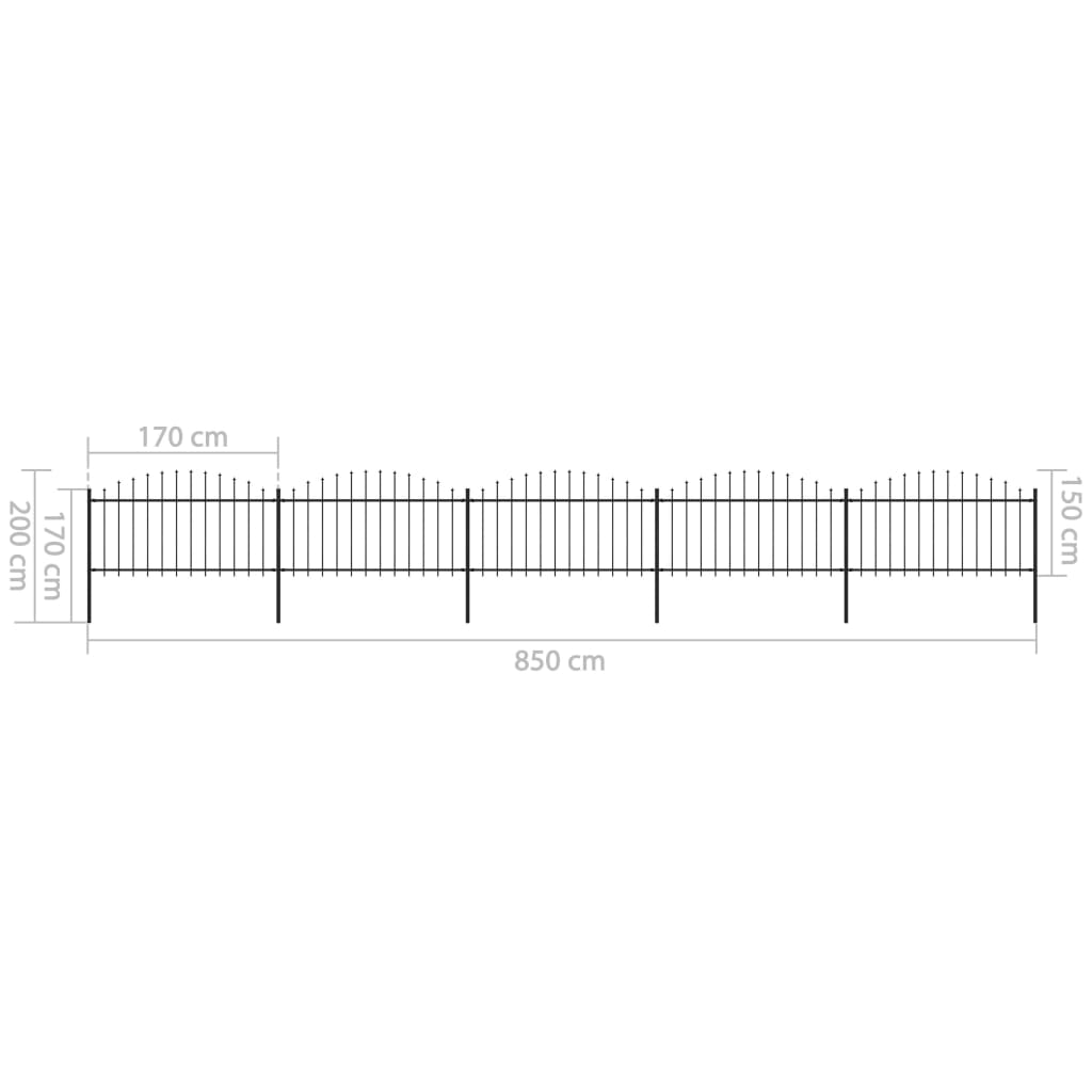 Tuinhek met speren bovenkant (1,5-1,75)x1,7 m staal zwart