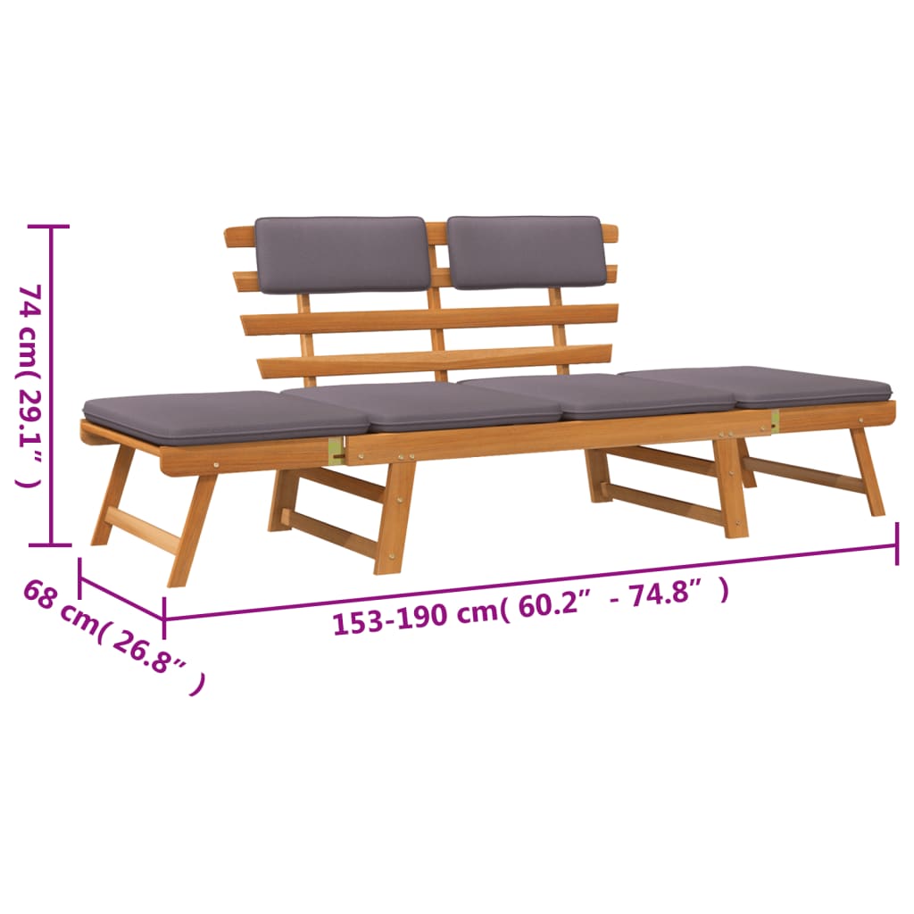 Tuinbank met kussens 2-in-1 190 cm massief acaciahout