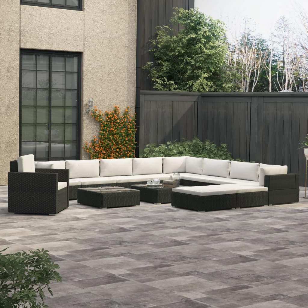 13-delige Loungeset met kussens poly rattan zwart