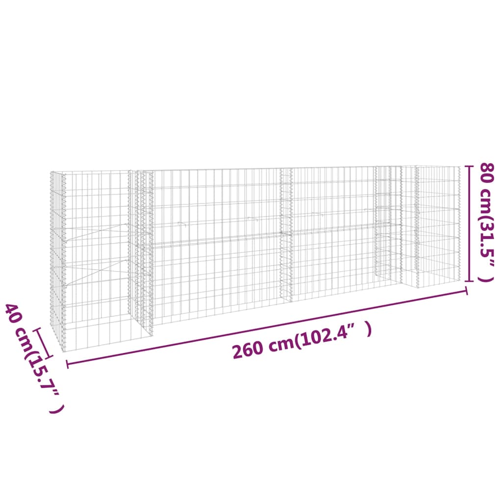 Gabion plantenbak H-vormig 260x40x200 cm staaldraad