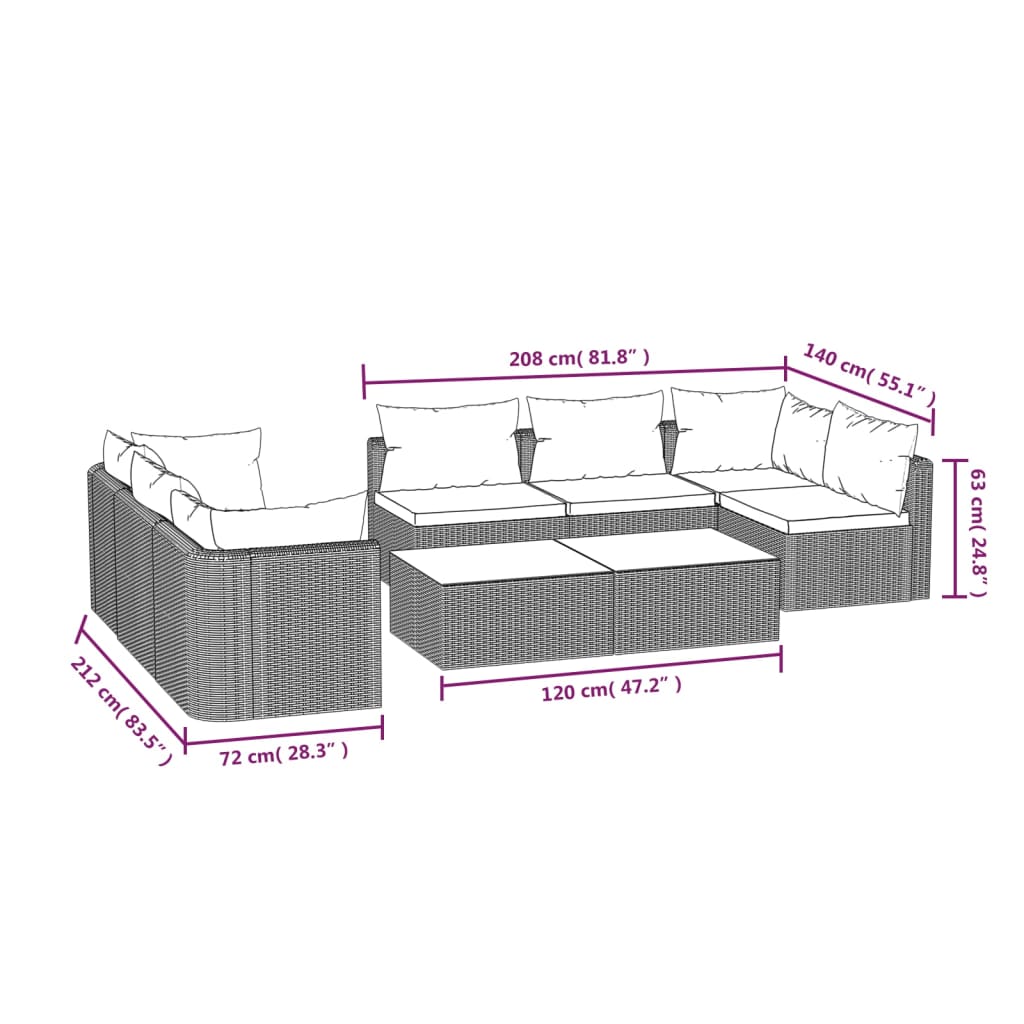 9-delige Loungeset met kussens poly rattan zwart