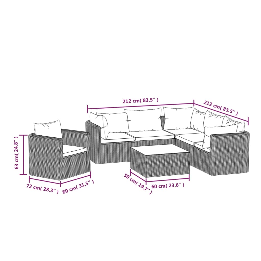 9-delige Loungeset met kussens poly rattan zwart