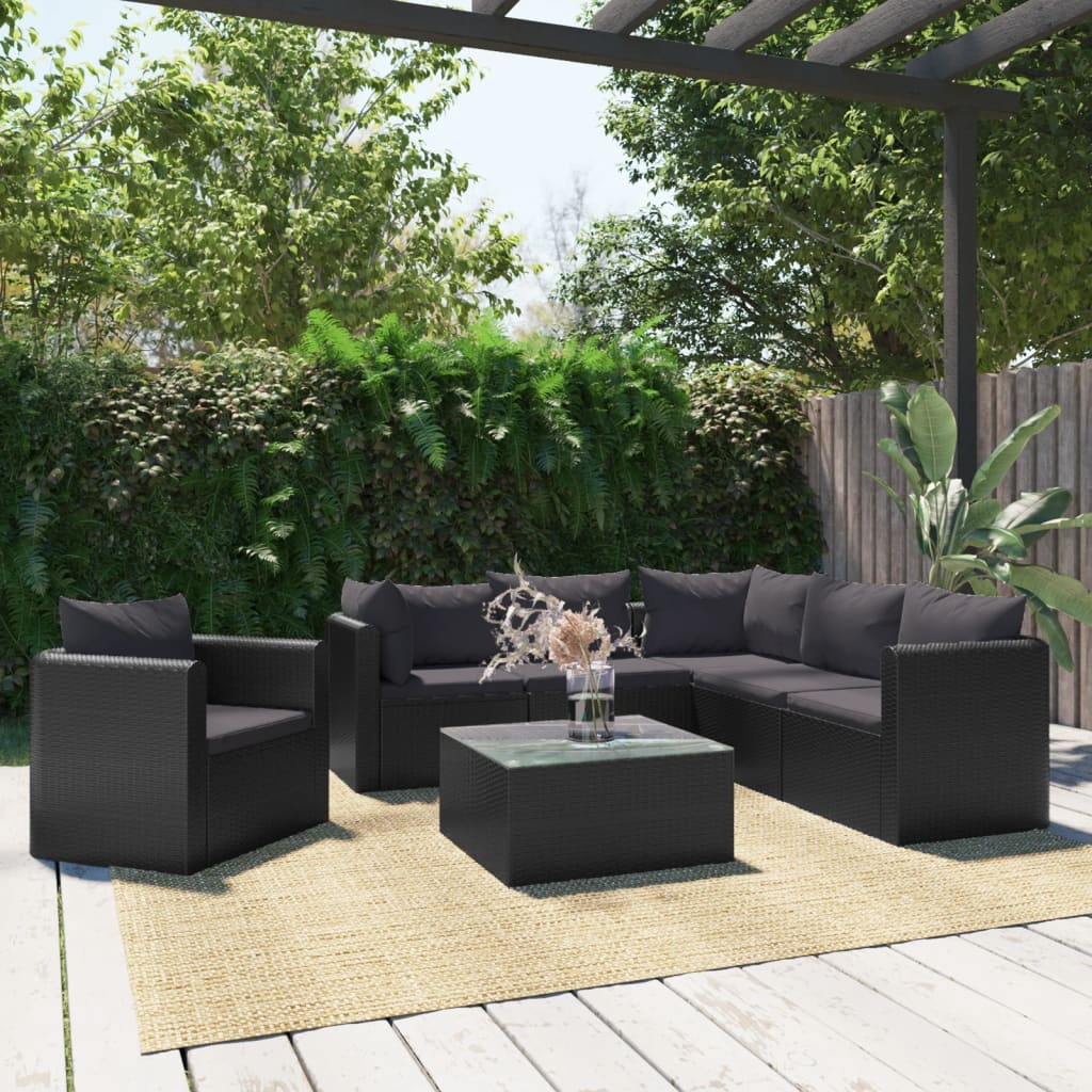 9-delige Loungeset met kussens poly rattan zwart