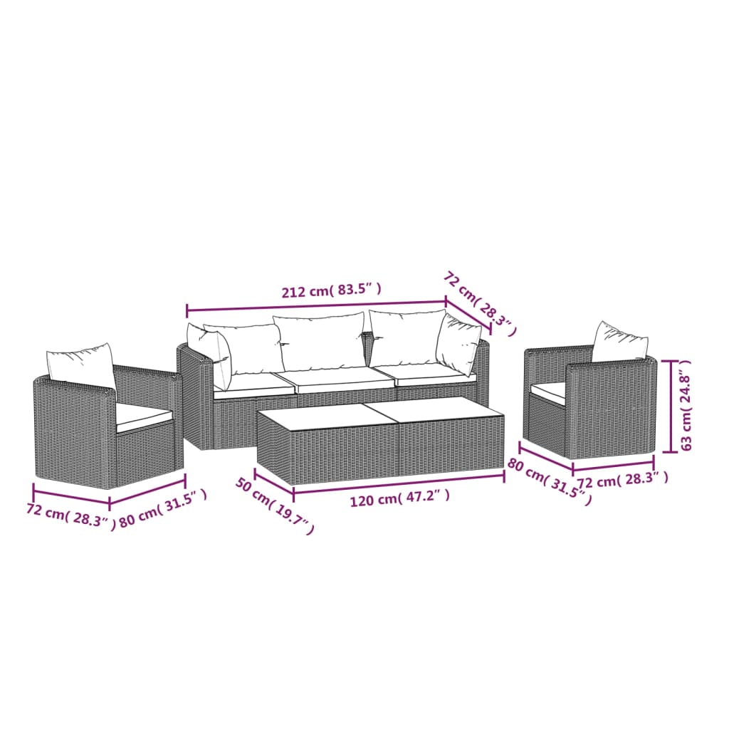 9-delige Loungeset met kussens poly rattan zwart