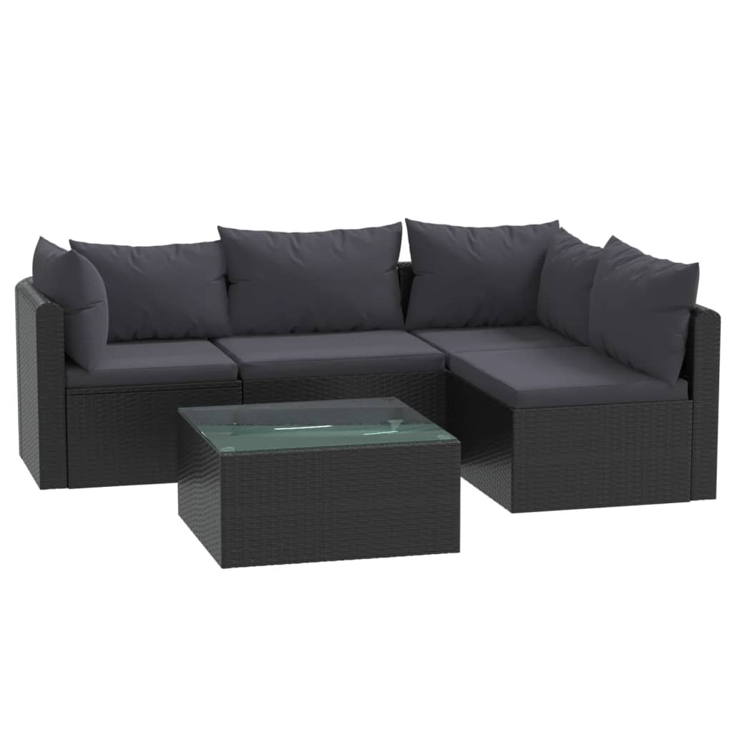 9-delige Loungeset met kussens poly rattan zwart