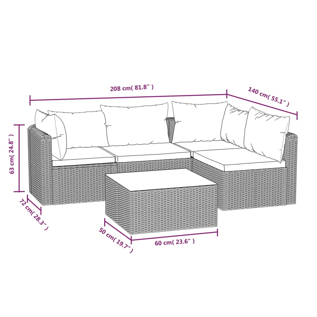 9-delige Loungeset met kussens poly rattan zwart