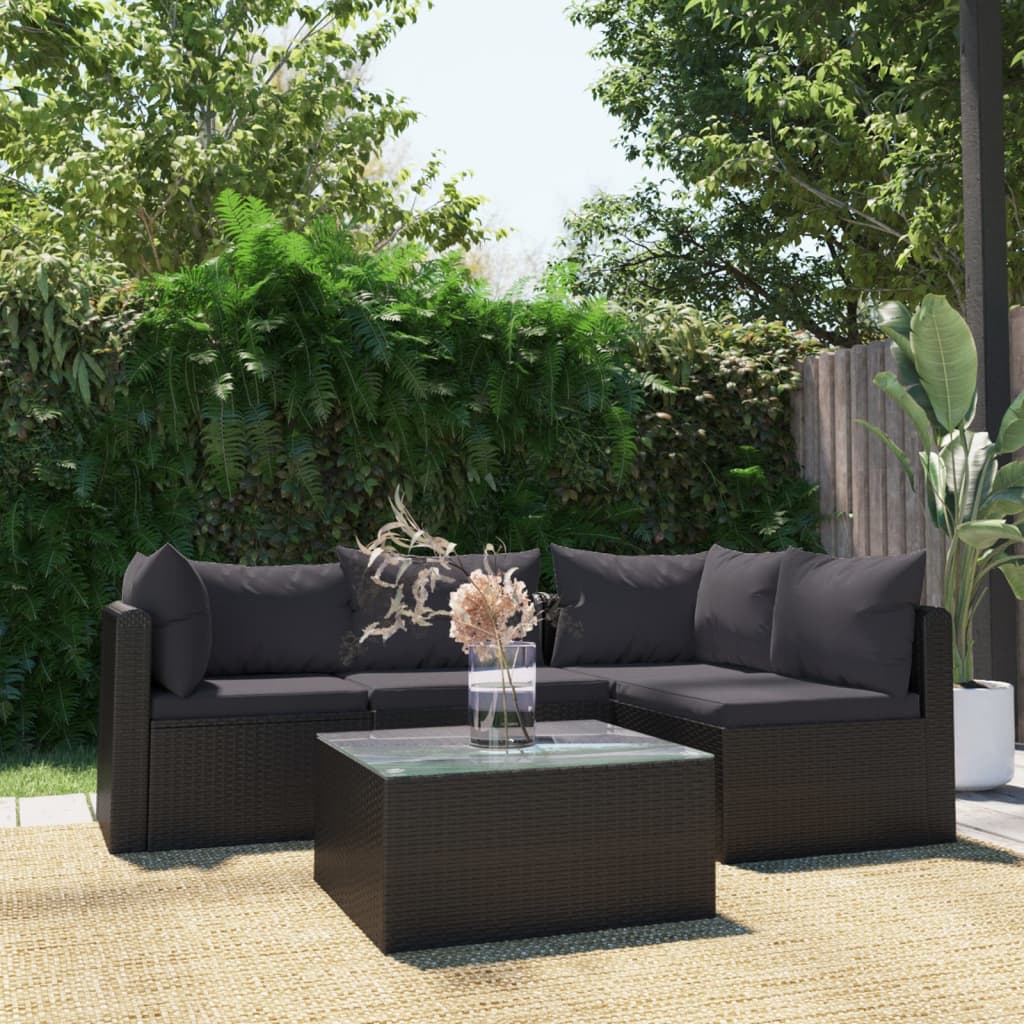 9-delige Loungeset met kussens poly rattan zwart