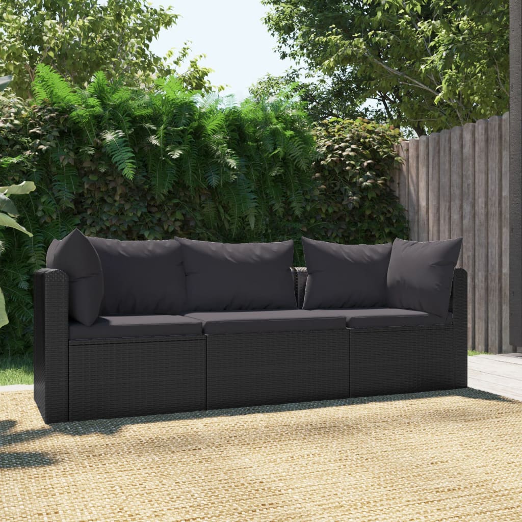 9-delige Loungeset met kussens poly rattan zwart