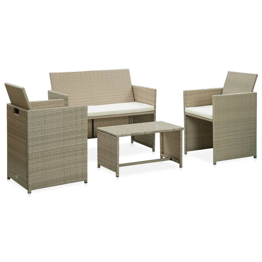 4-delige Loungeset met kussens poly rattan beige