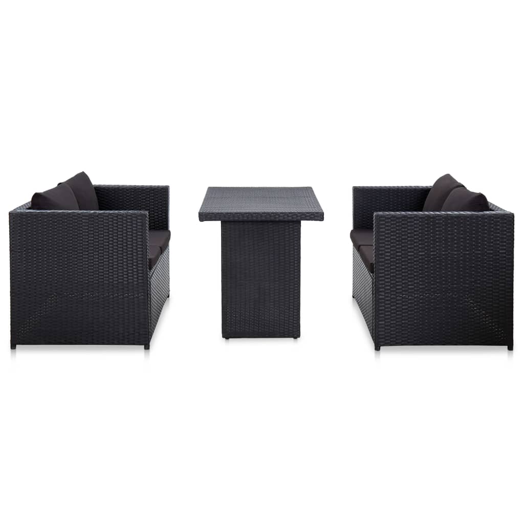 3-delige Loungeset met kussens poly rattan zwart