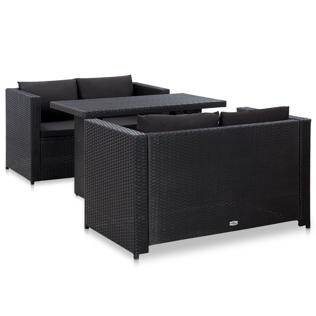 3-delige Loungeset met kussens poly rattan zwart