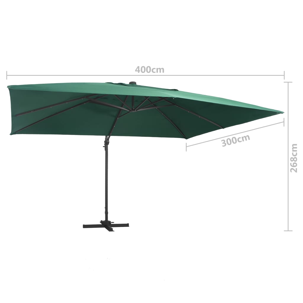 Zweefparasol met LED-verlichting en paal 400x300 cm azuurblauw