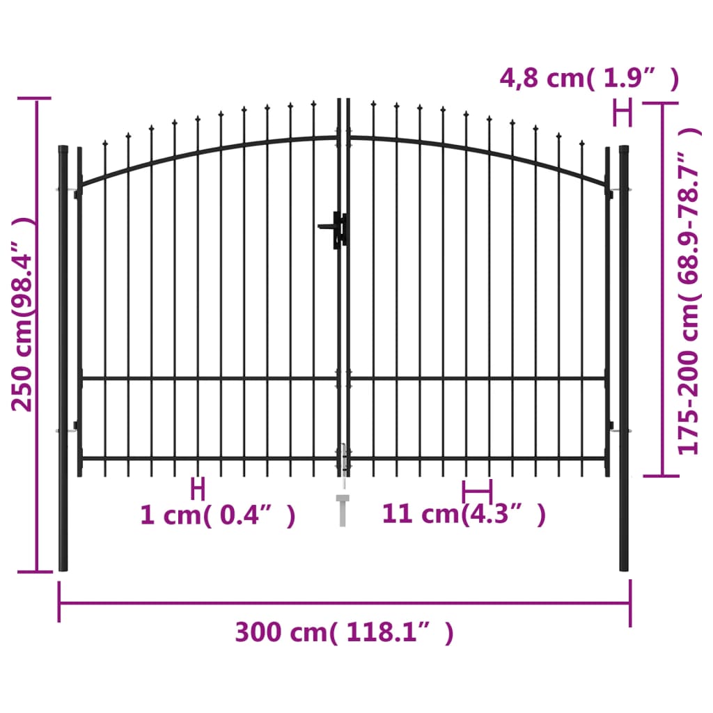 Poort met puntige bovenkant dubbel 3x1,75 m staal zwart