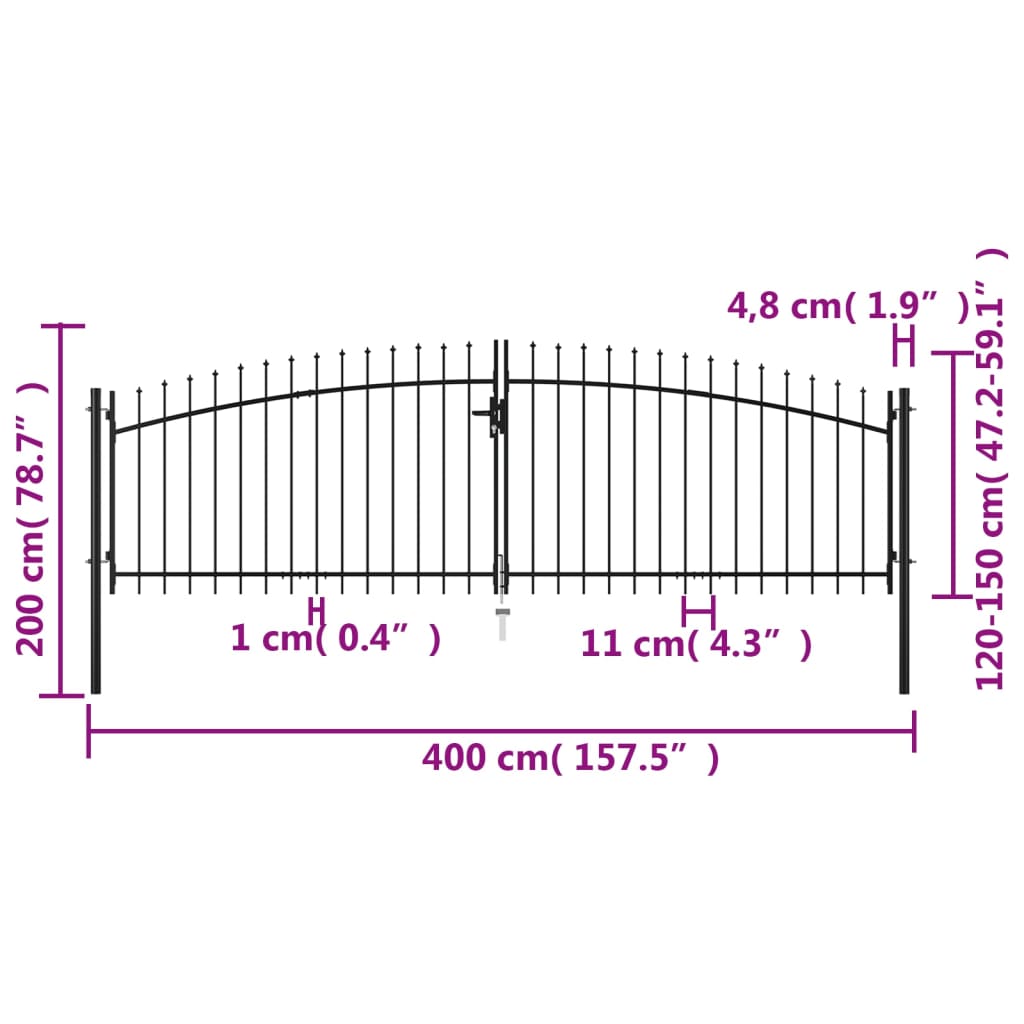 Hekpoort dubbele deur met speren bovenkant 400x175 cm