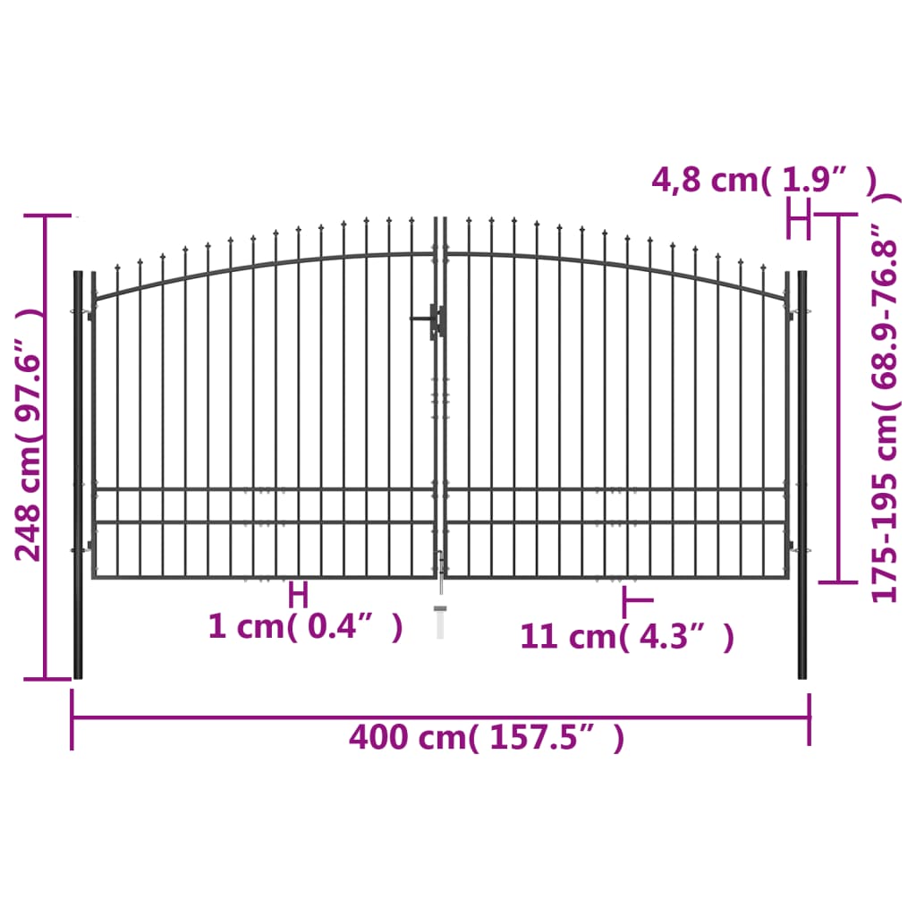 Hekpoort dubbele deur met speren bovenkant 400x175 cm