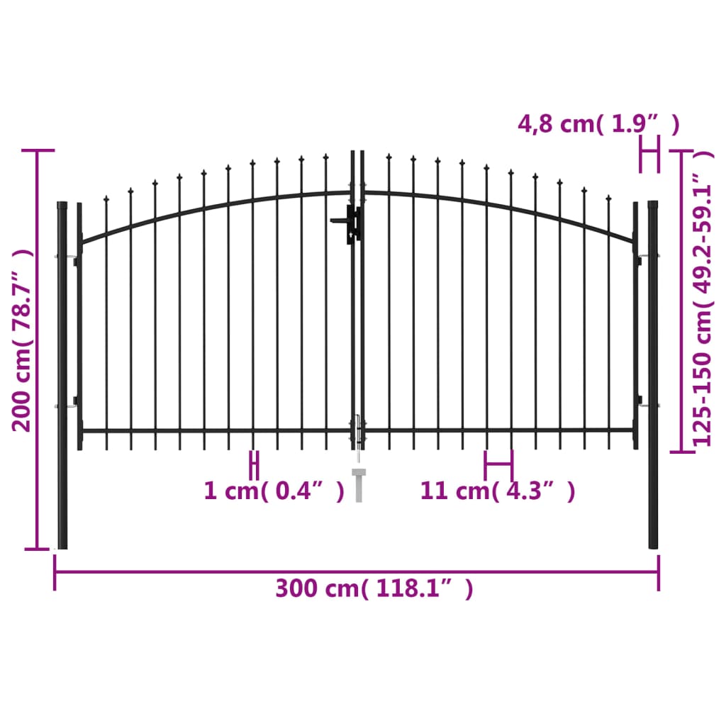 Poort met puntige bovenkant dubbel 3x1,75 m staal zwart