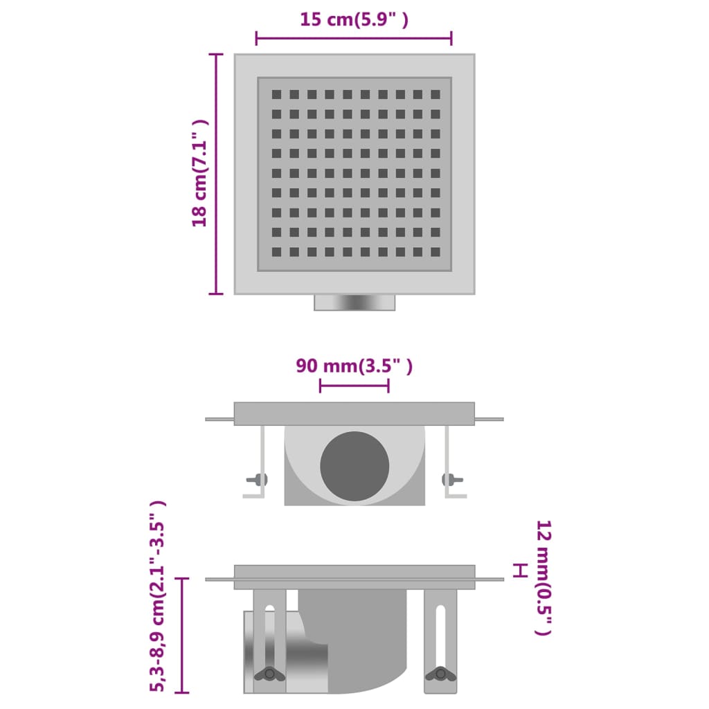 Doucheafvoer met 2-in-1 deksels 23x23 cm roestvrij staal