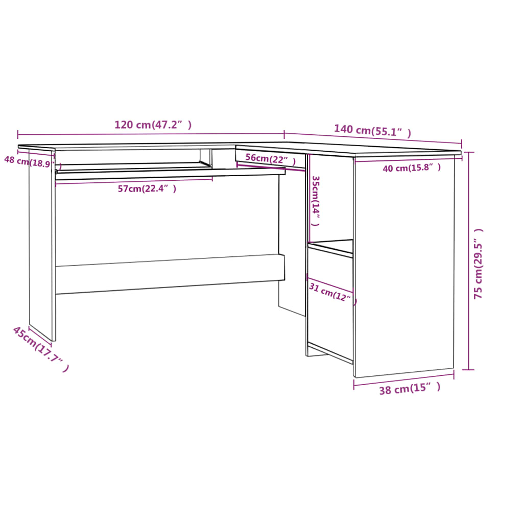 Hoekbureau L-vormig 120x140x75 cm bewerkt hout