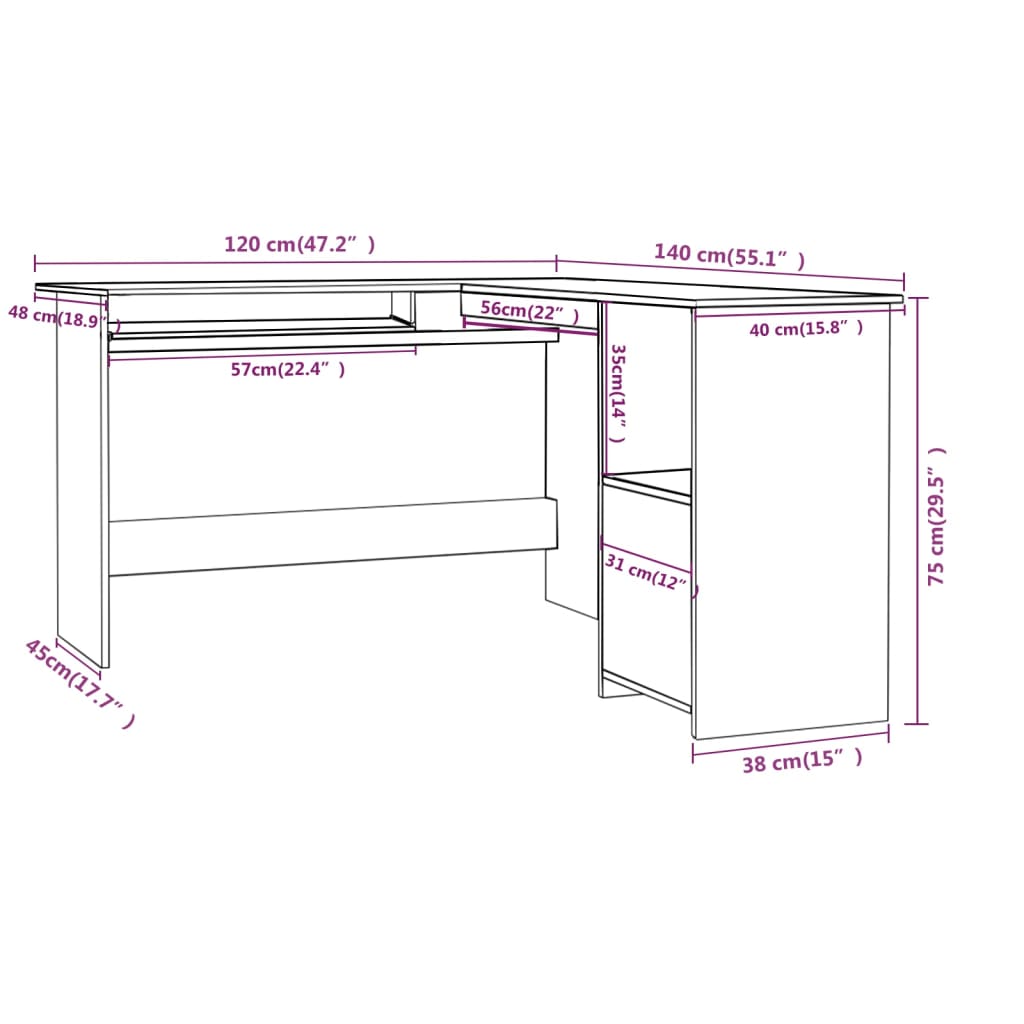 Hoekbureau 120x140x75 cm bewerkt hout eikenkleurig