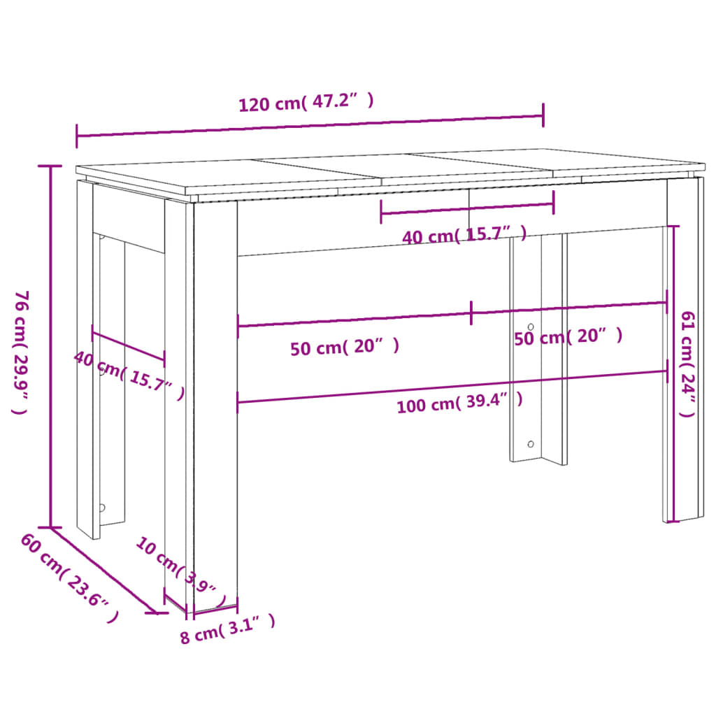 Eettafel 120x60x76 cm bewerkt hout