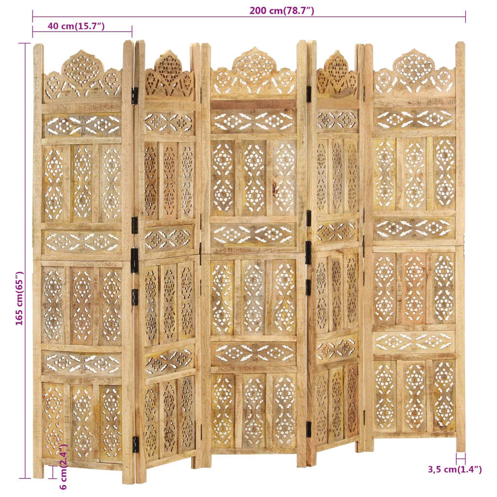 Kamerscherm 3 panelen handgesneden 120x165 cm mangohout bruin