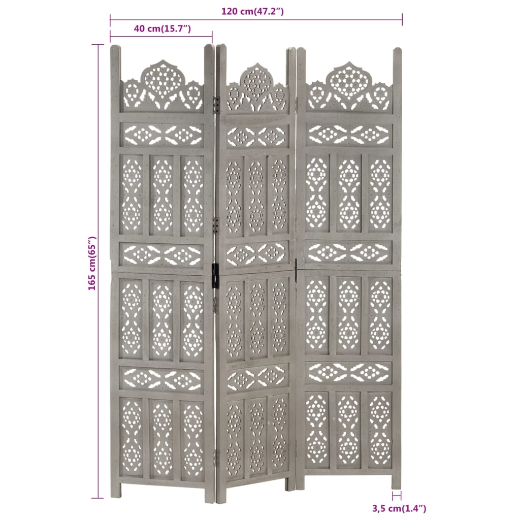 Kamerscherm 3 panelen handgesneden 120x165 cm mangohout bruin