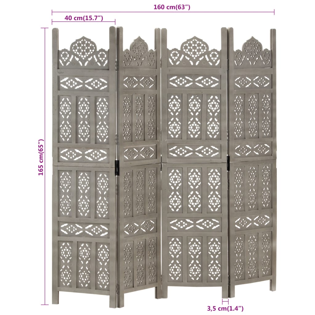 Kamerscherm 3 panelen handgesneden 120x165 cm mangohout bruin