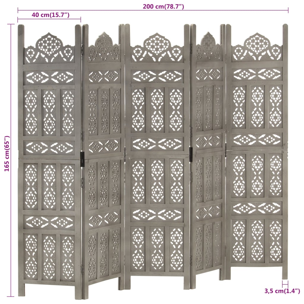 Kamerscherm 3 panelen handgesneden 120x165 cm mangohout bruin