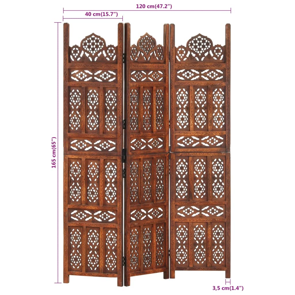 Kamerscherm 3 panelen handgesneden 120x165 cm mangohout bruin