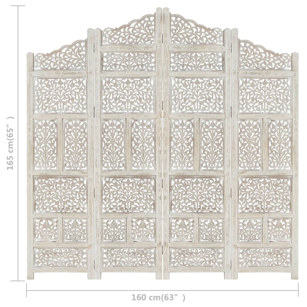 Kamerscherm met 4 panelen handgesneden 160x165 cm mangohout wit