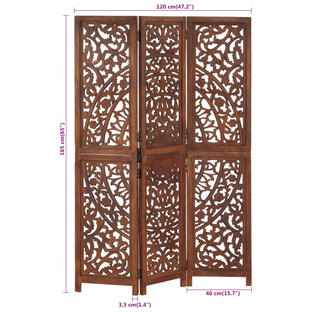 Kamerscherm 3 panelen handgesneden 120x165 cm mangohout bruin