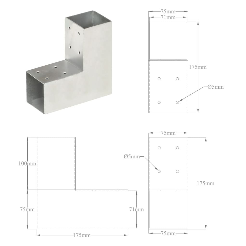 Paalverbindingen 4 st T-vorm 71x71 mm gegalvaniseerd metaal