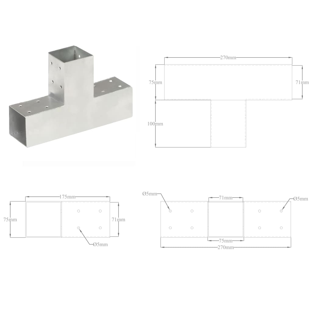 Paalverbindingen 4 st T-vorm 71x71 mm gegalvaniseerd metaal